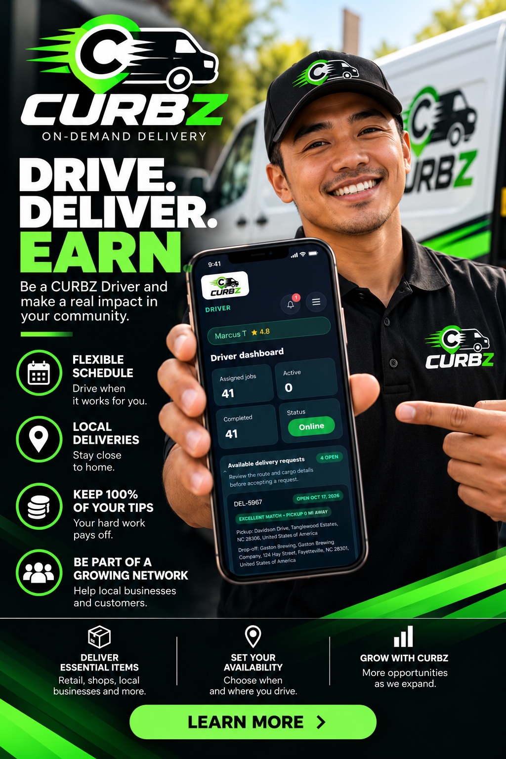 A smiling CURBZ driver holding a phone showing the driver dashboard, with the message Drive. Deliver. Earn.